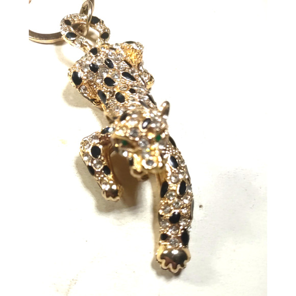 Leopard Rhinestone Keychain Gold Tone Black Green Rhinestone Keychain Purse Clip - Picture 4 of 6